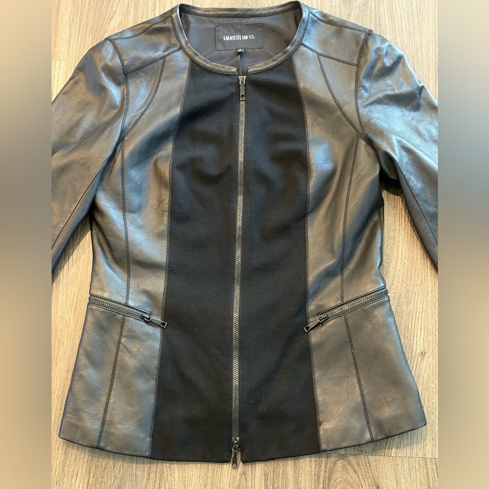 Lafayette 148 New York Black Mixed-Media Leather and Knit Jacket - Size 8
